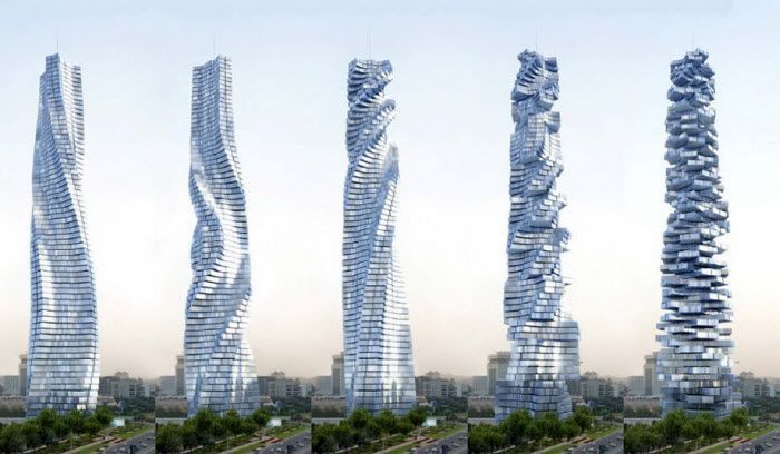 Dynamic Tower в Дубае. Небоскреб, у которого каждый этаж движется по своей оси, независимо от других. Первое здание, способное изменять свою форму. Еще строится.
